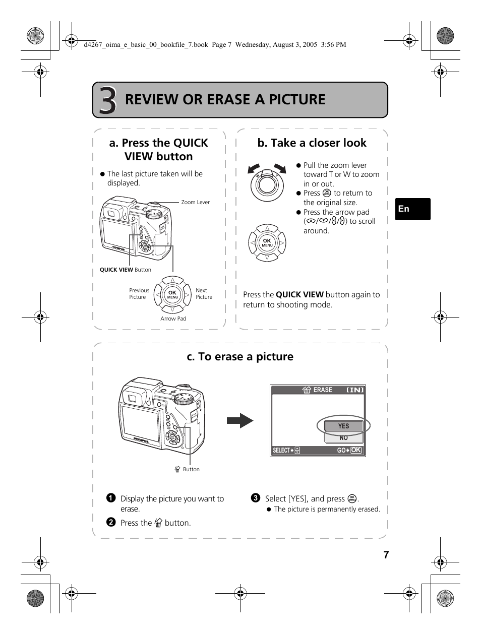 Step3 review or erase a picture, Review or erase a picture, C. to erase a picture | Olympus SP-500 UZ User Manual | Page 7 / 84