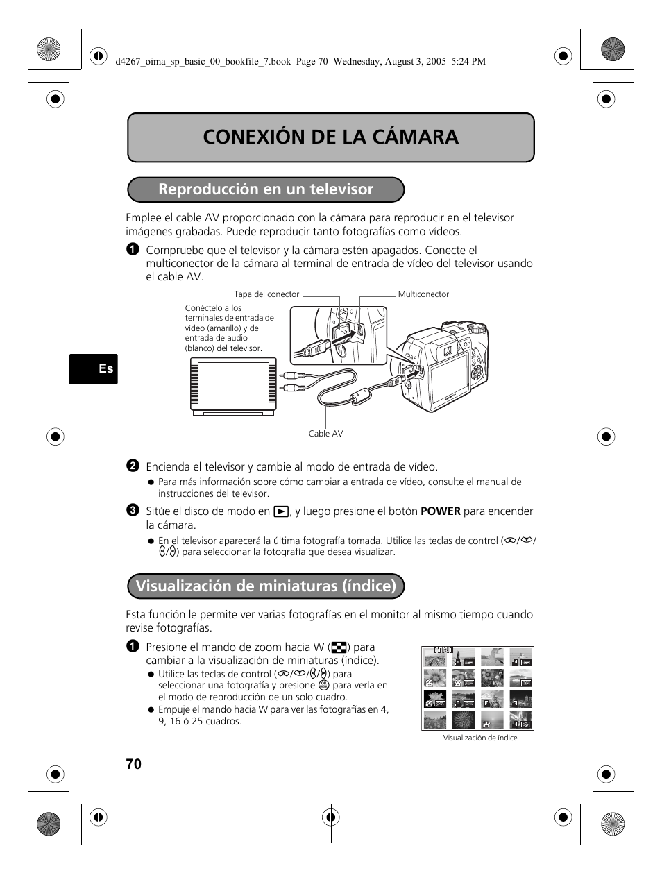 Conexión de la cámara, Reproducción en un televisor, Visualización de miniaturas (índice) | Olympus SP-500 UZ User Manual | Page 70 / 84