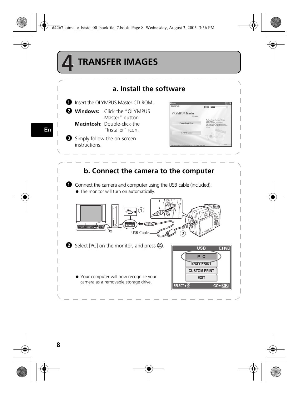 Step4 transfer images, Transfer images, A. install the software | B. connect the camera to the computer | Olympus SP-500 UZ User Manual | Page 8 / 84