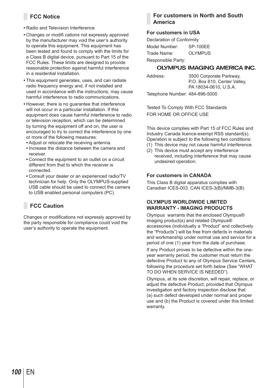 100 en | Olympus SP-100 User Manual | Page 100 / 109