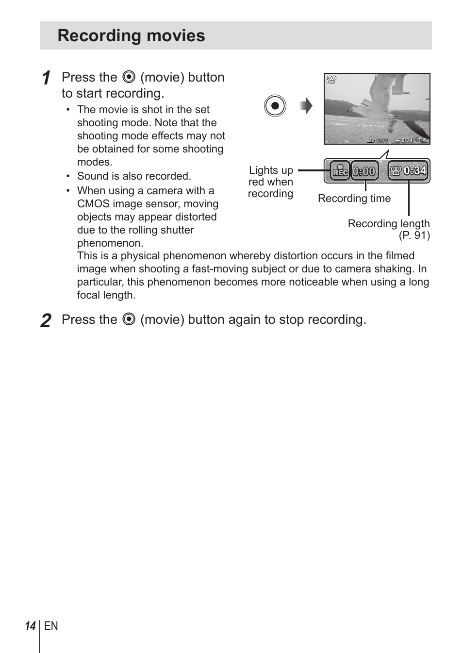 Recording movies, Press the r (movie) button to start recording, Press the r (movie) button again to stop recording | 14 en | Olympus SP-100 User Manual | Page 14 / 109