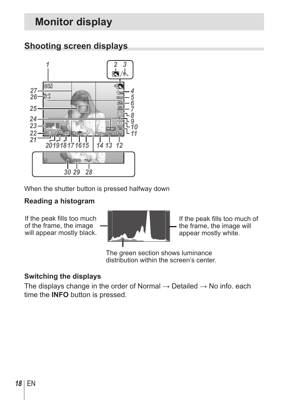 Monitor display, Shooting screen displays, 18 en | Reading a histogram, When the shutter button is pressed halfway down | Olympus SP-100 User Manual | Page 18 / 109