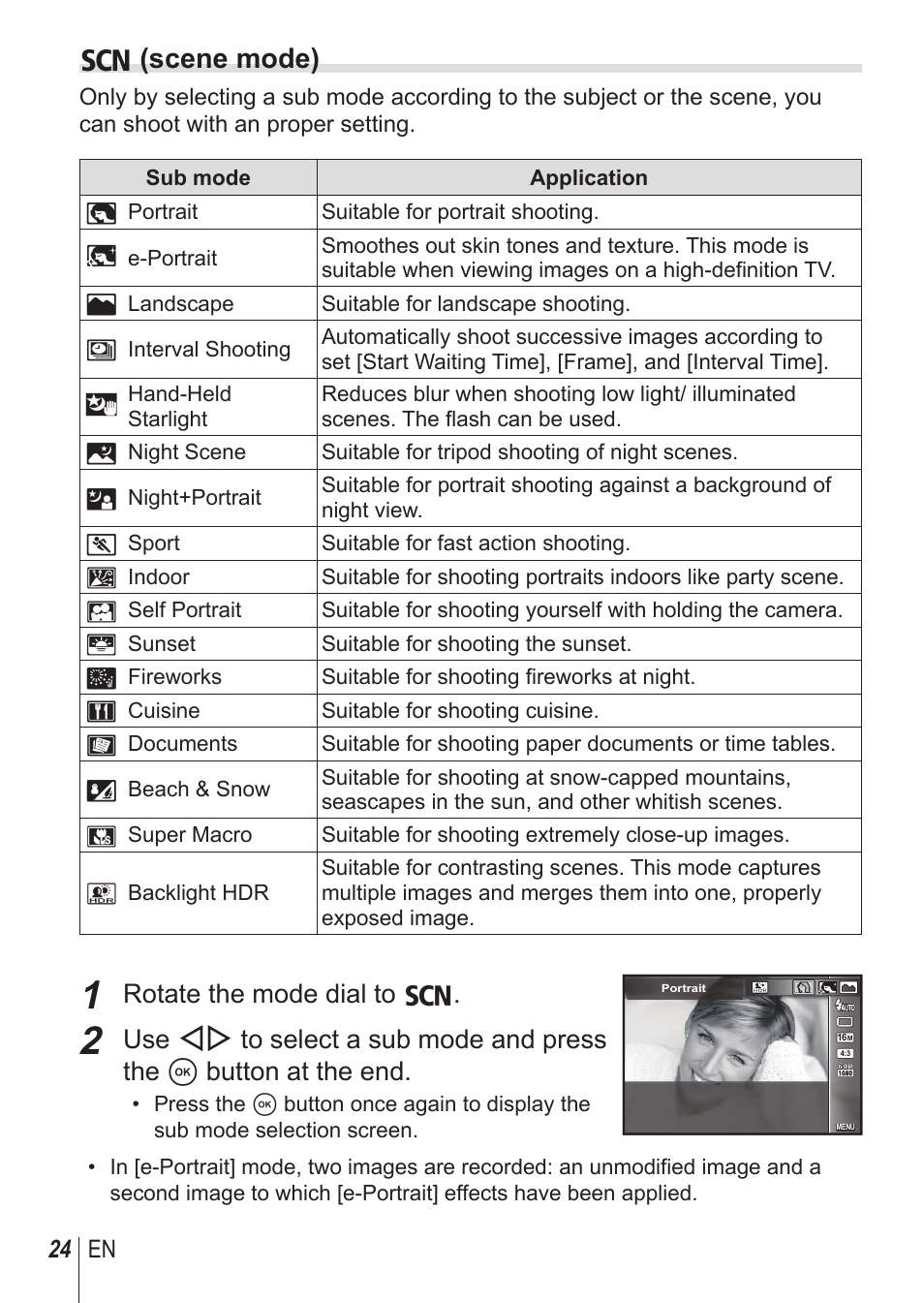 O (scene mode), Rotate the mode dial to o | Olympus SP-100 User Manual | Page 24 / 109