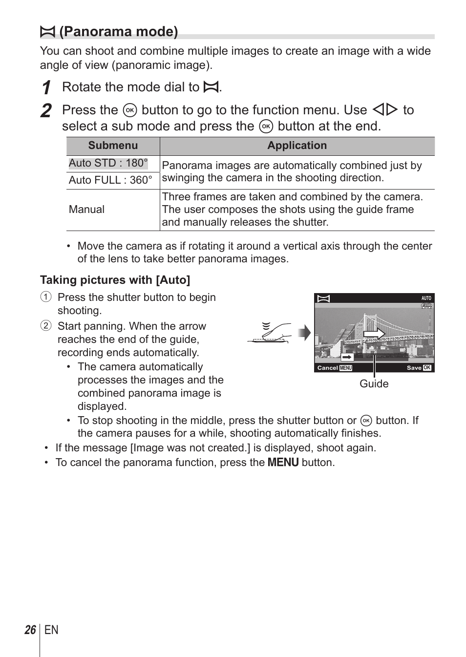 P (panorama mode), Rotate the mode dial to | Olympus SP-100 User Manual | Page 26 / 109