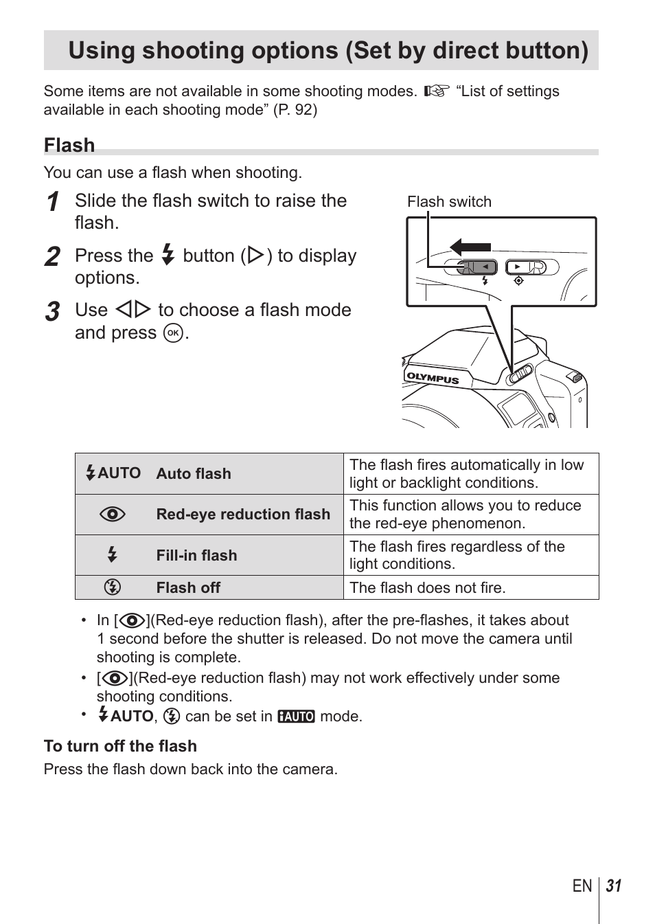 Using shooting options (set by direct button), Flash | Olympus SP-100 User Manual | Page 31 / 109