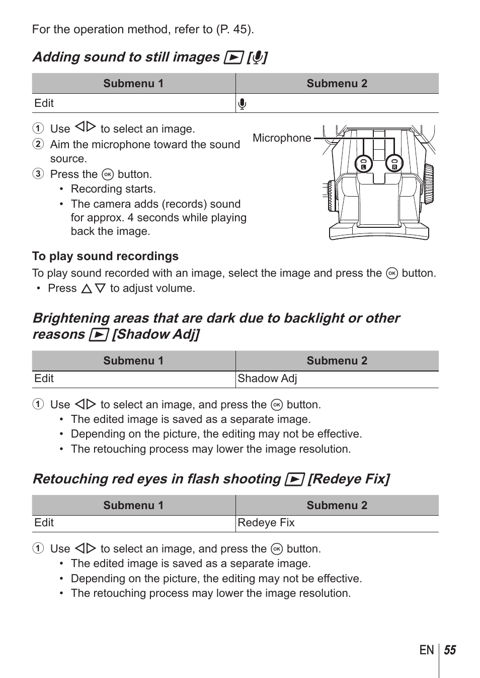 Adding sound to still images q [ r | Olympus SP-100 User Manual | Page 55 / 109