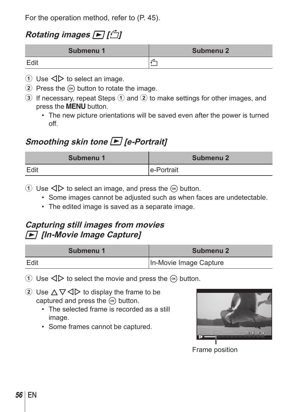 Rotating images q [ y, Smoothing skin tone q [e-portrait | Olympus SP-100 User Manual | Page 56 / 109
