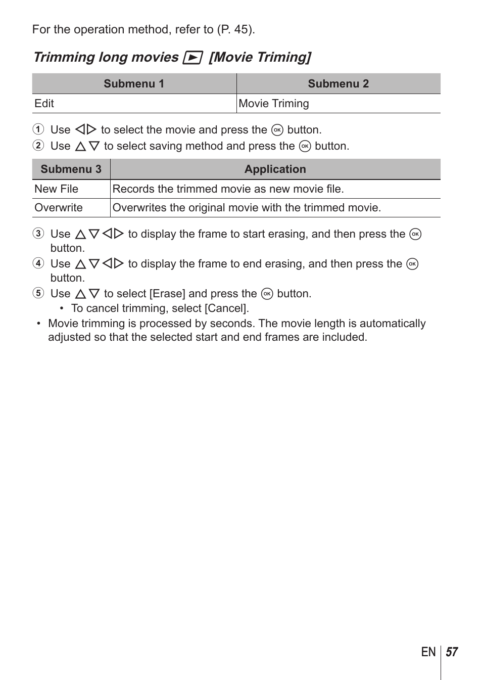 Trimming long movies q [movie triming | Olympus SP-100 User Manual | Page 57 / 109