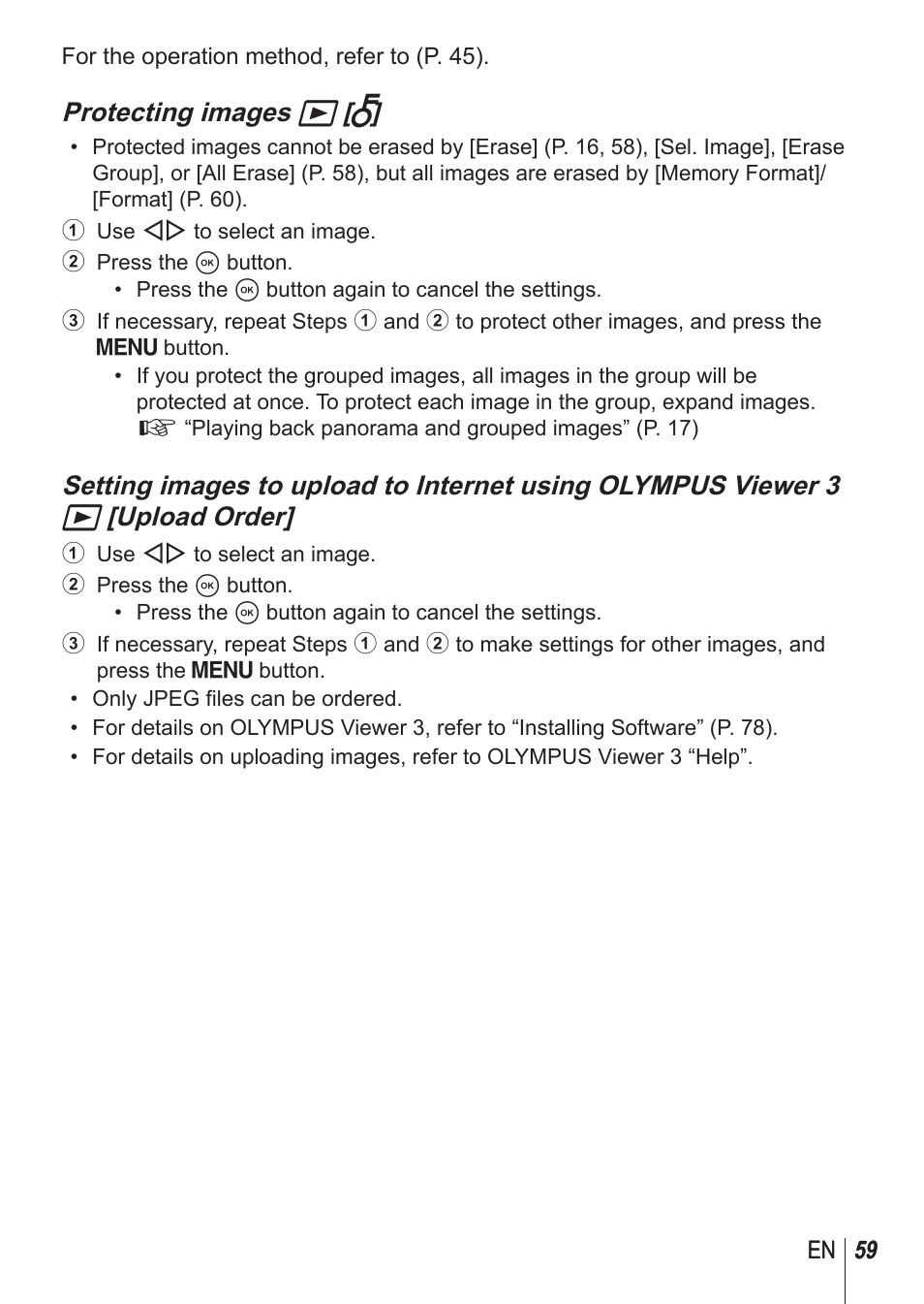 Protecting images q [ r | Olympus SP-100 User Manual | Page 59 / 109