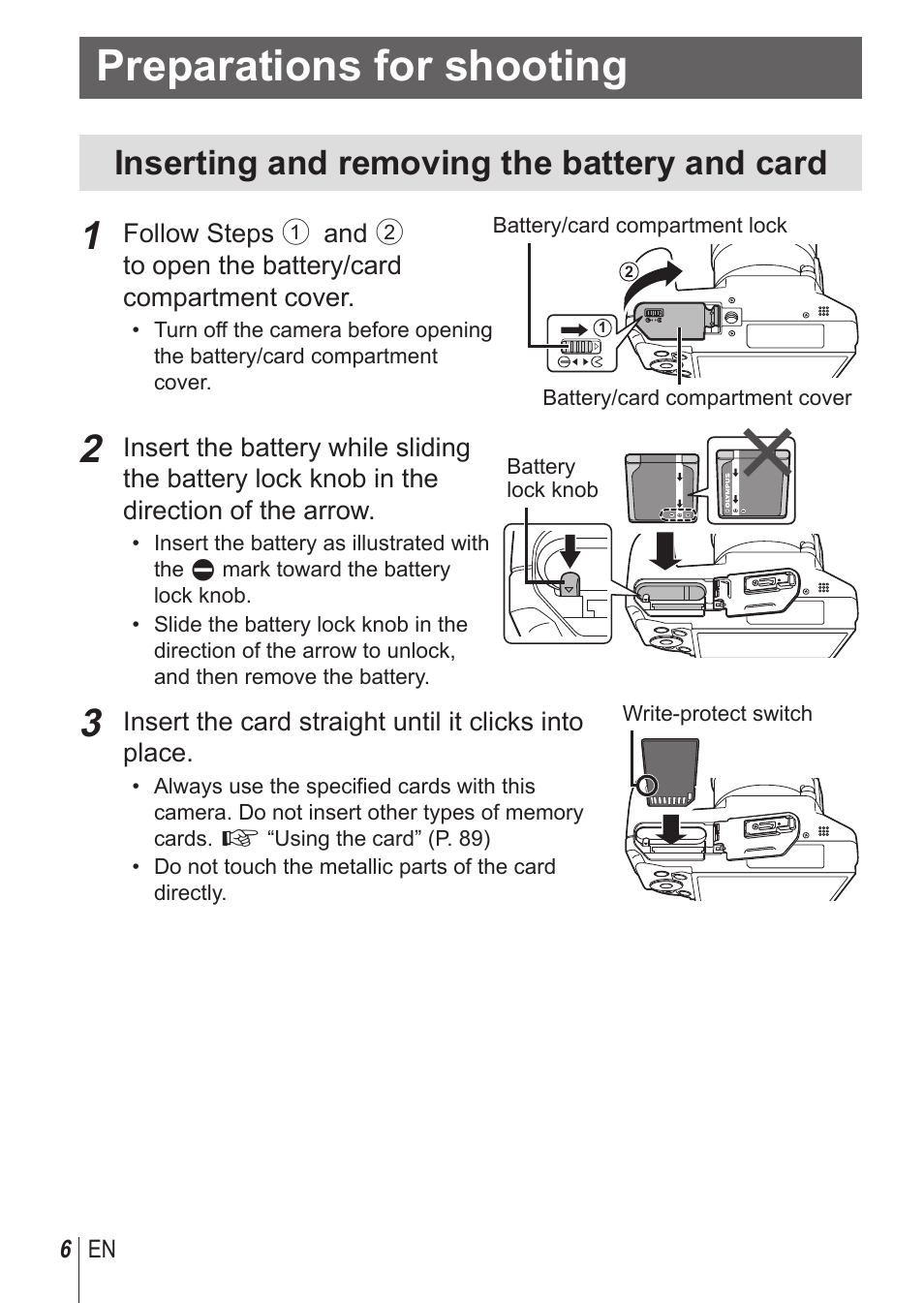 Preparations for shooting, Inserting and removing the battery and card | Olympus SP-100 User Manual | Page 6 / 109