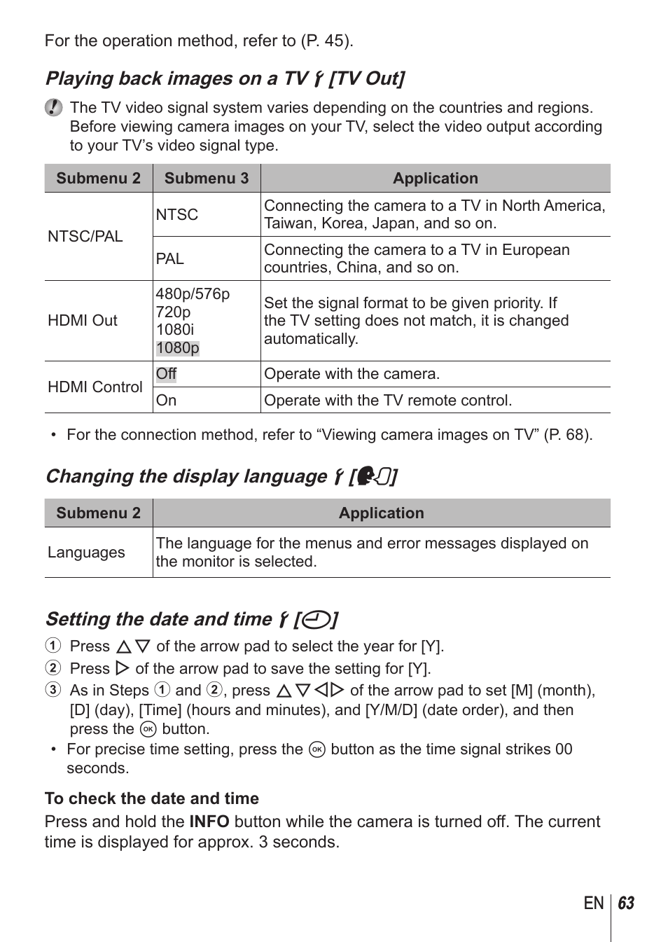 Playing back images on a tv d [tv out, Changing the display language d [ l, Setting the date and time d [ x | Olympus SP-100 User Manual | Page 63 / 109