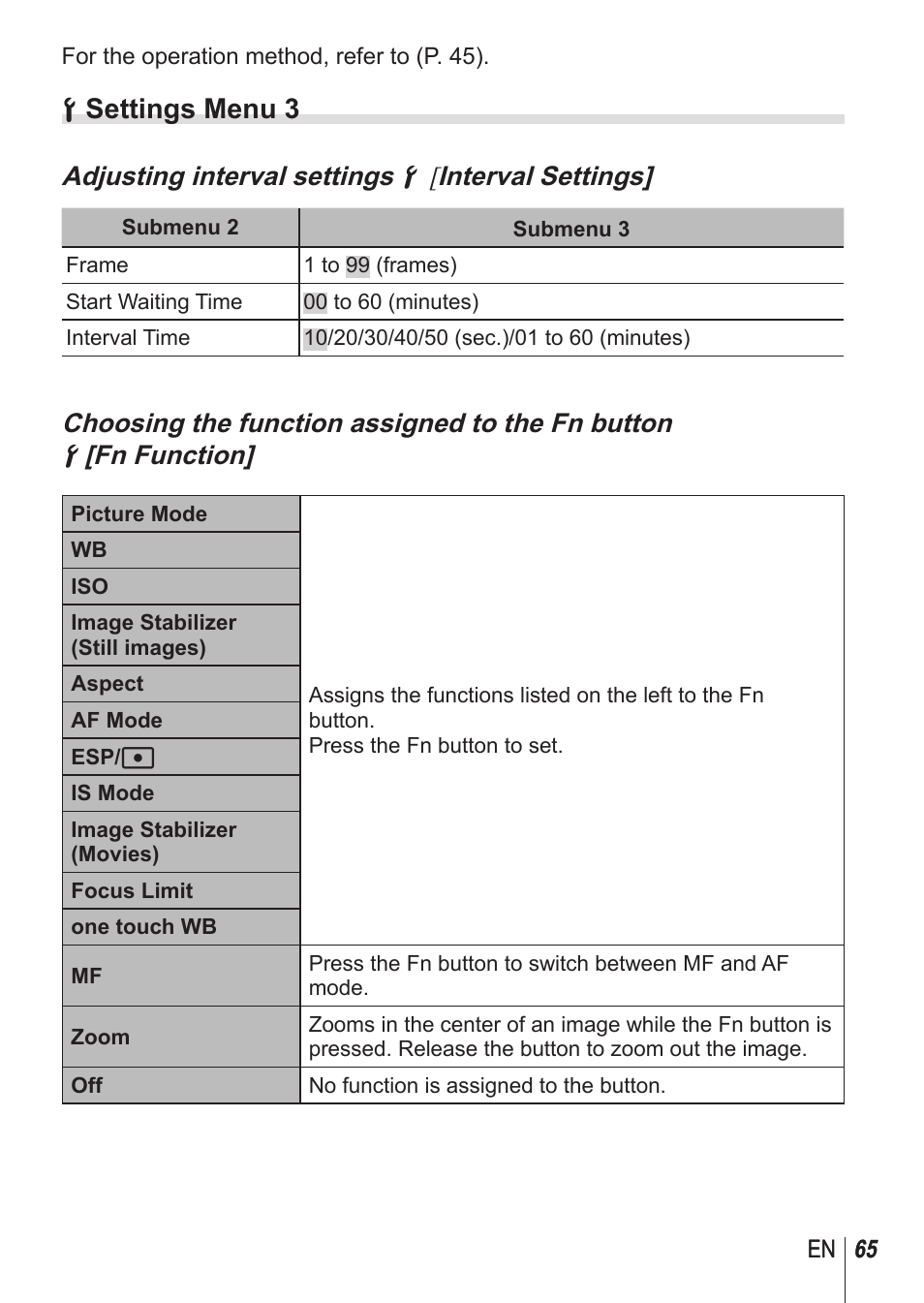D settings menu 3, Adjusting interval settings d [ interval settings | Olympus SP-100 User Manual | Page 65 / 109