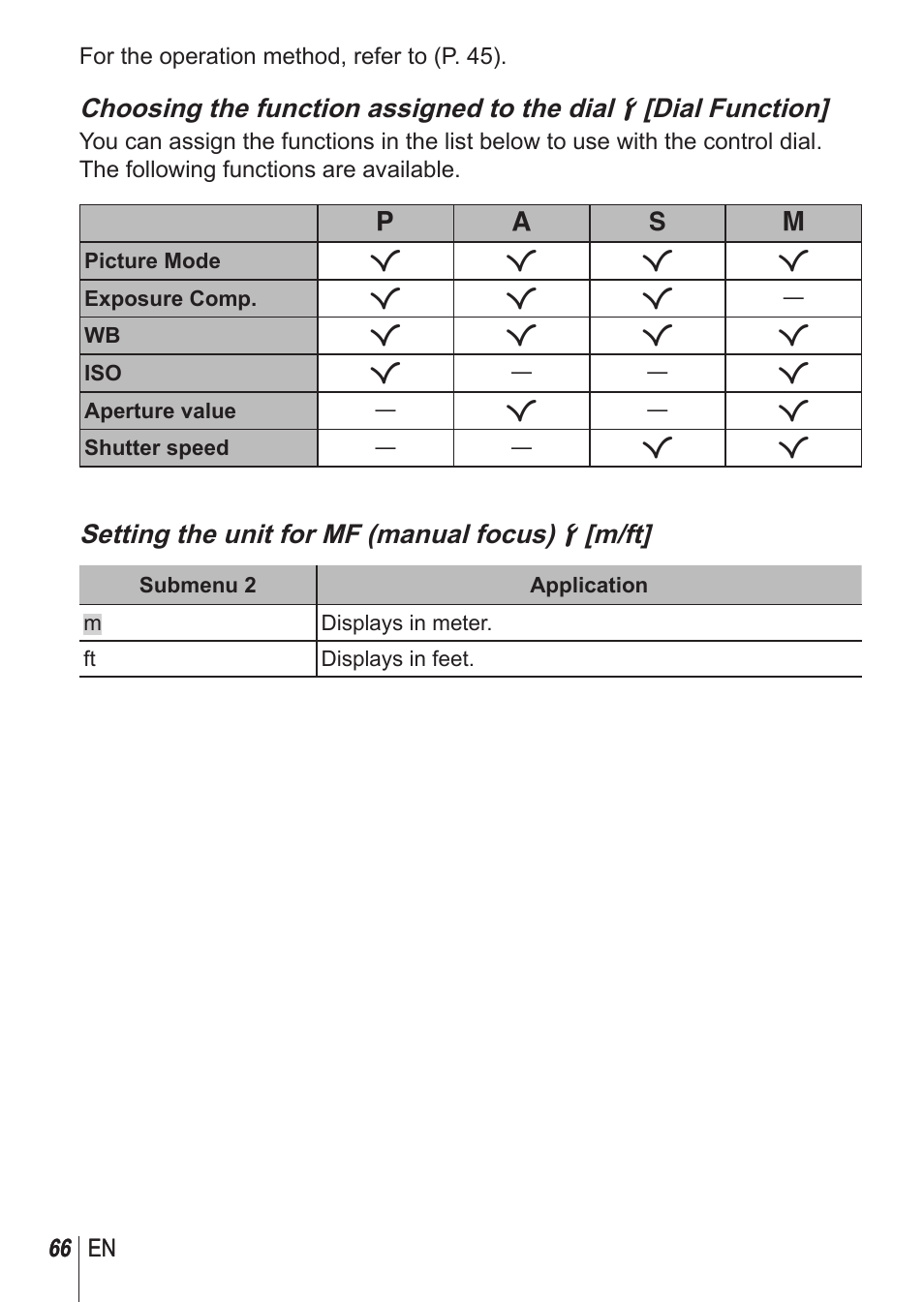 Setting the unit for mf (manual focus) d [m/ft | Olympus SP-100 User Manual | Page 66 / 109
