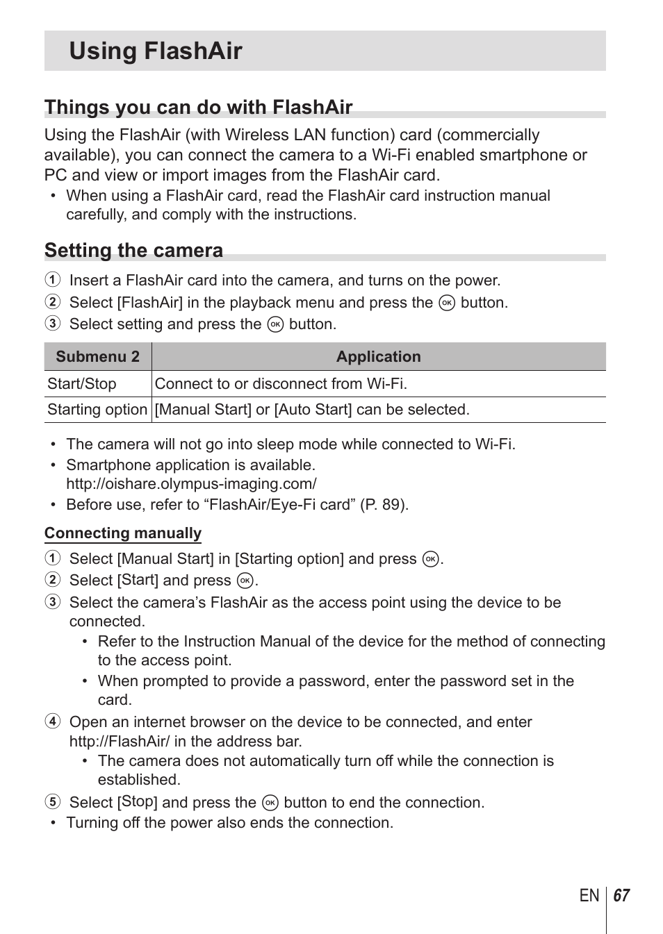 Using flashair, Things you can do with flashair, Setting the camera | Olympus SP-100 User Manual | Page 67 / 109