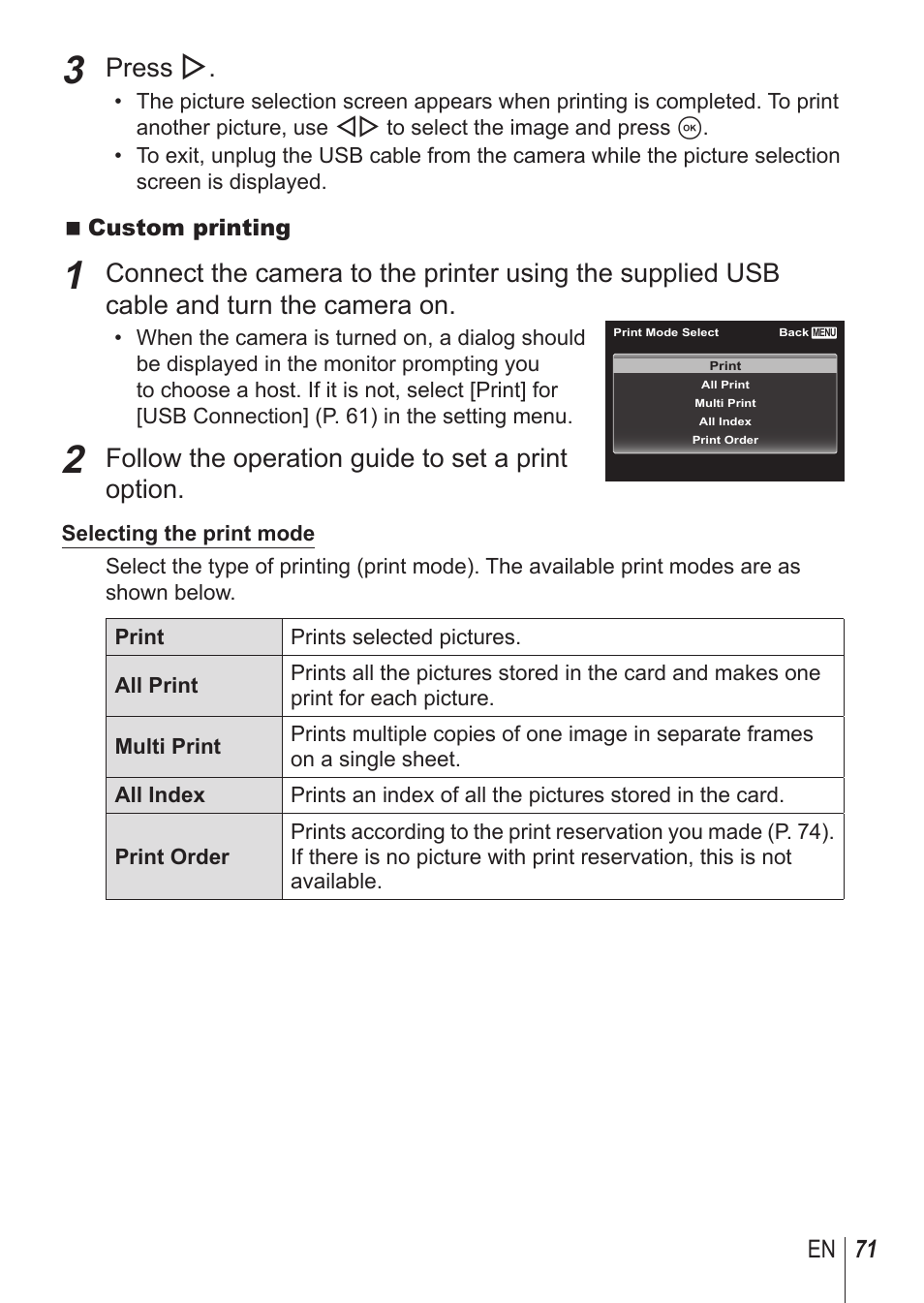 Press i, Follow the operation guide to set a print option | Olympus SP-100 User Manual | Page 71 / 109