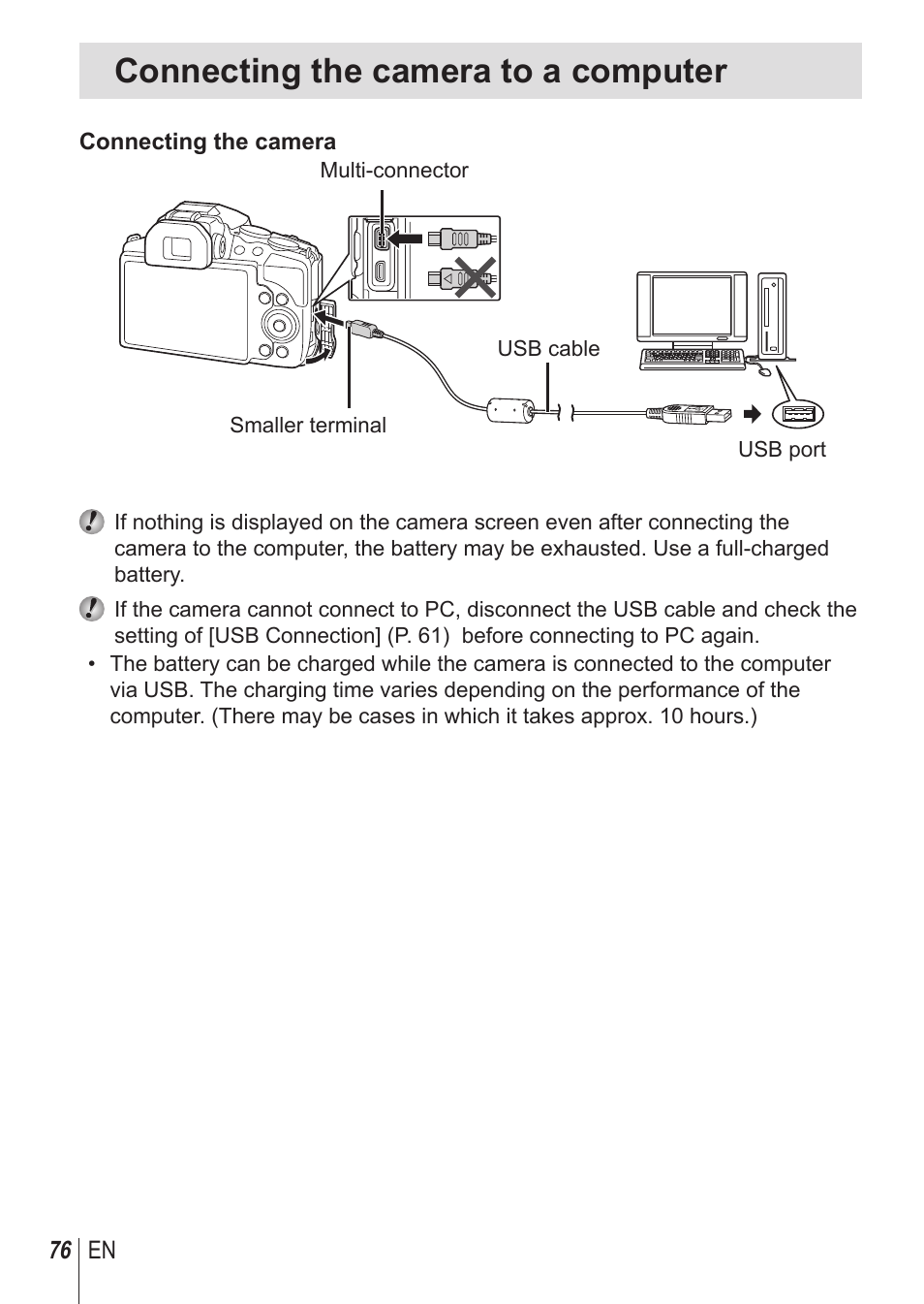 Connecting the camera to a computer | Olympus SP-100 User Manual | Page 76 / 109