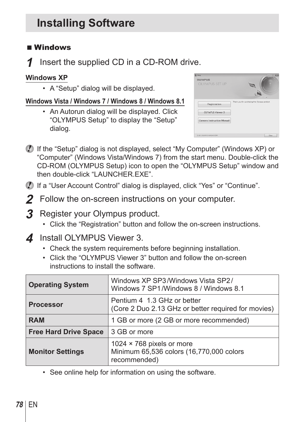 Installing software | Olympus SP-100 User Manual | Page 78 / 109