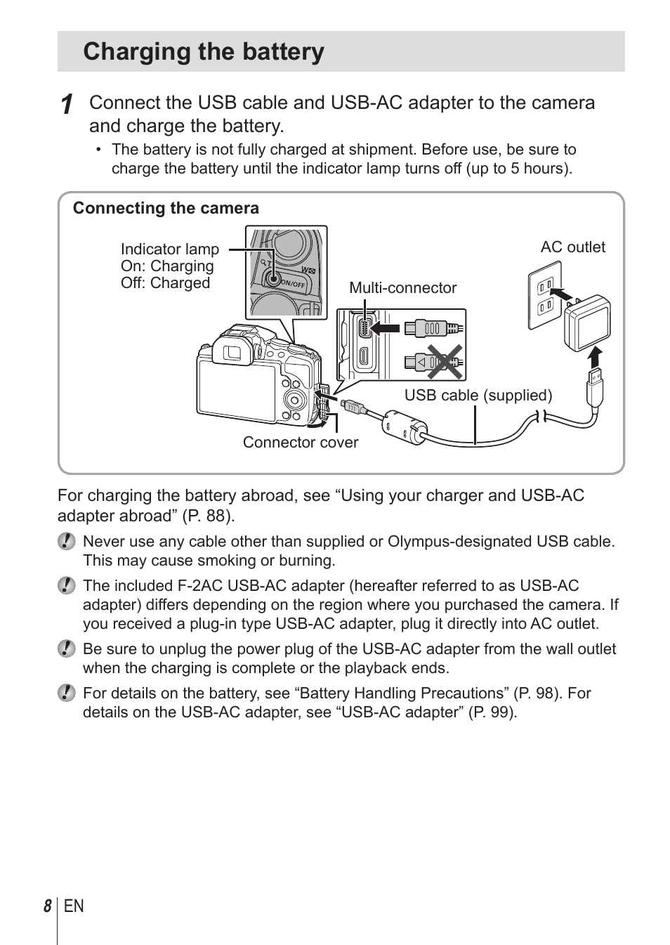 Charging the battery | Olympus SP-100 User Manual | Page 8 / 109