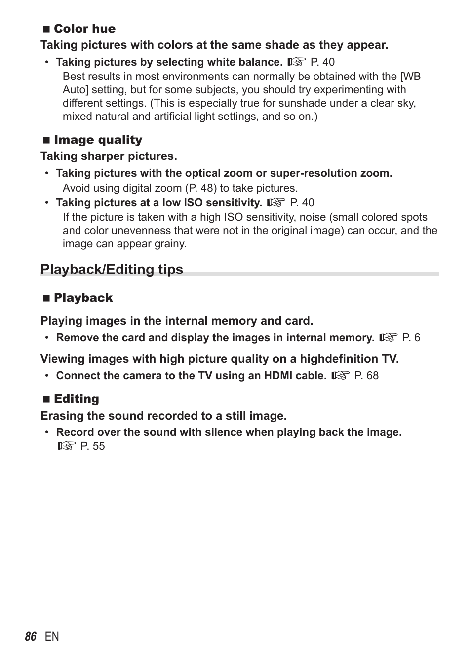 Playback/editing tips | Olympus SP-100 User Manual | Page 86 / 109
