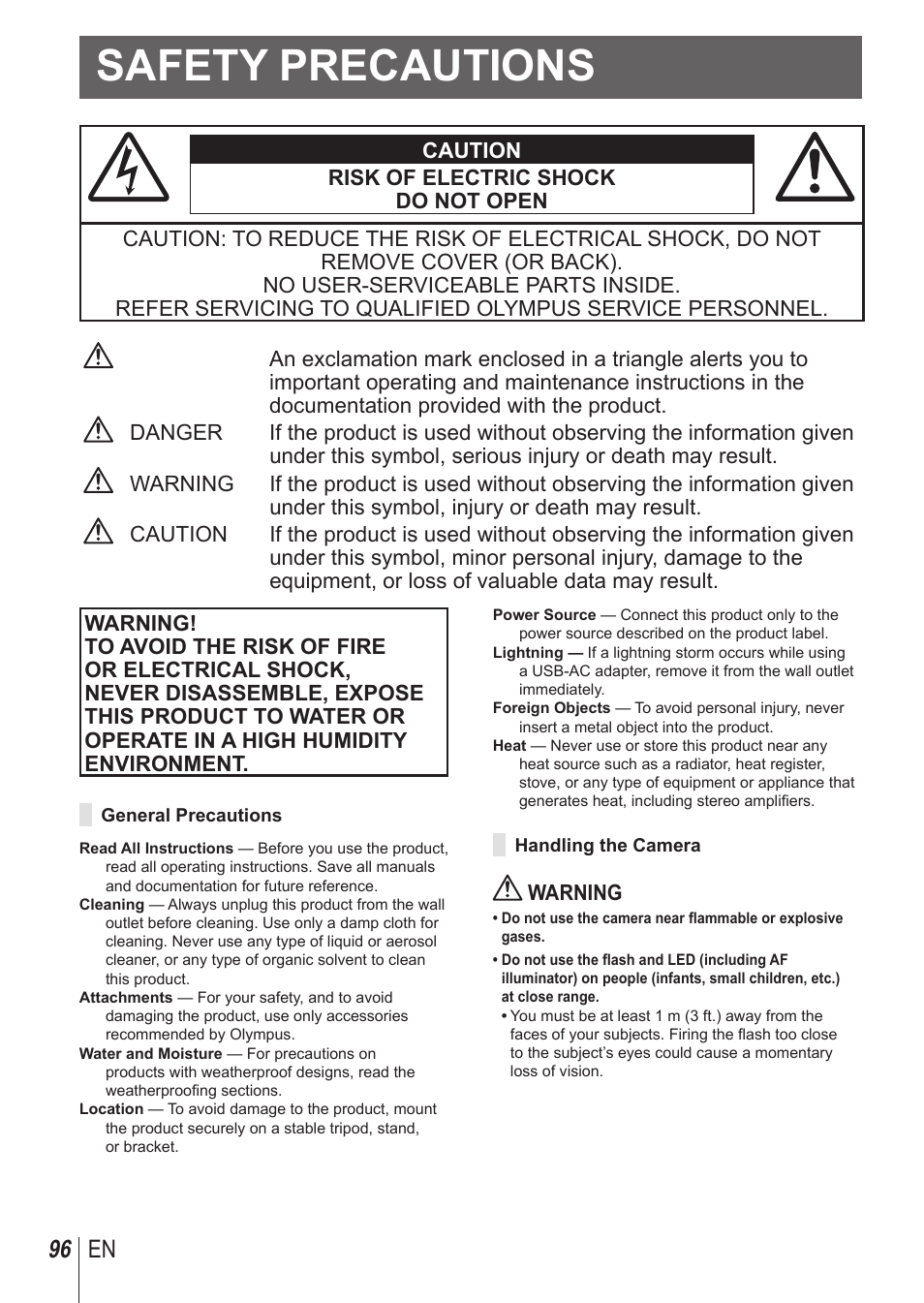 Safety precautions, 96 en | Olympus SP-100 User Manual | Page 96 / 109
