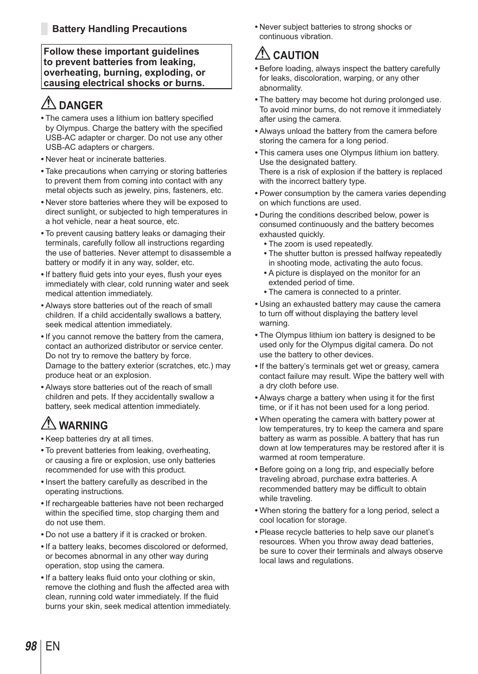 98 en, Danger, Warning | Caution | Olympus SP-100 User Manual | Page 98 / 109