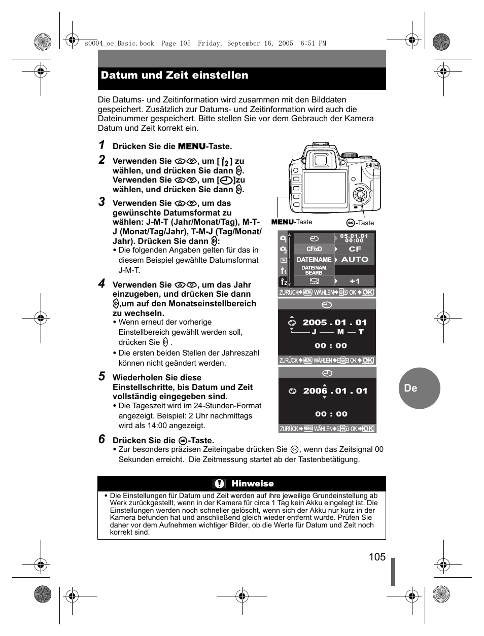 105 de datum und zeit einstellen | Olympus EVOLT E-500 User Manual | Page 105 / 116