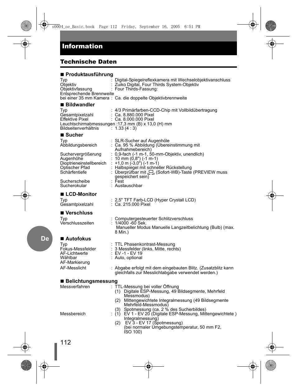 112 de information | Olympus EVOLT E-500 User Manual | Page 112 / 116