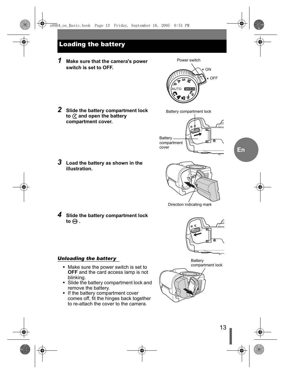 Loading the battery | Olympus EVOLT E-500 User Manual | Page 13 / 116