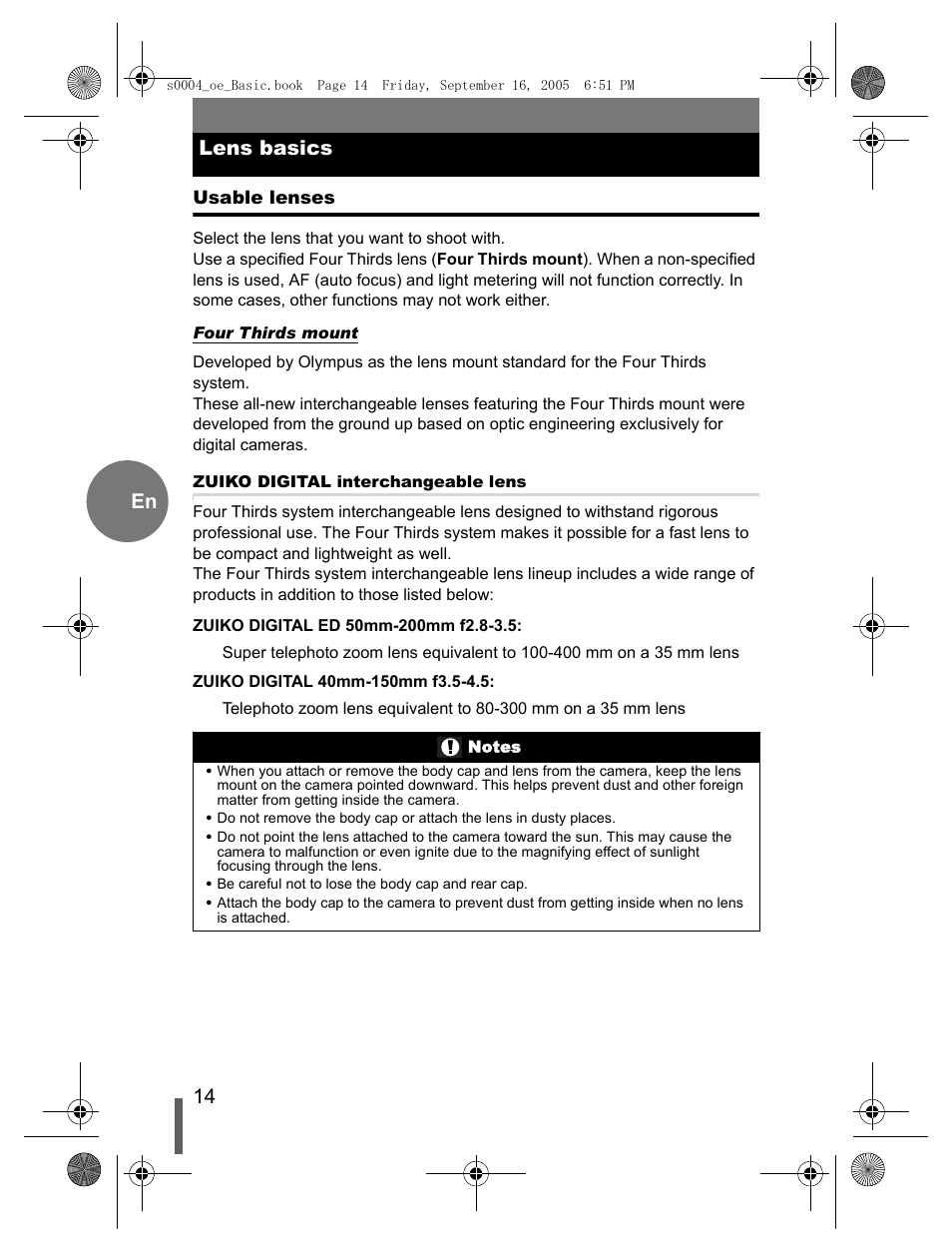 Lens basics, Usable lenses, 14 en lens basics | Olympus EVOLT E-500 User Manual | Page 14 / 116