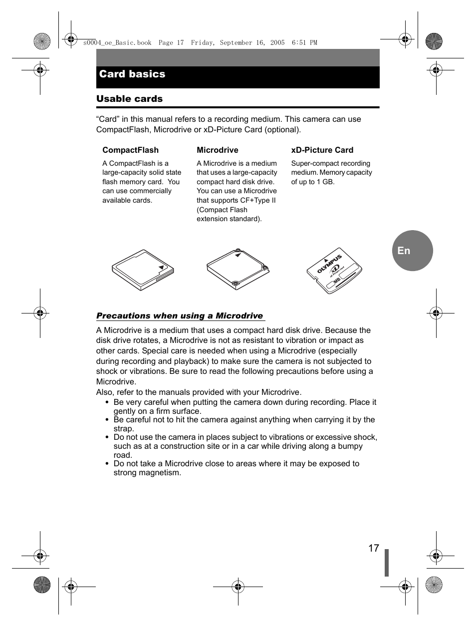 Card basics, Usable cards, 17 en card basics | Olympus EVOLT E-500 User Manual | Page 17 / 116