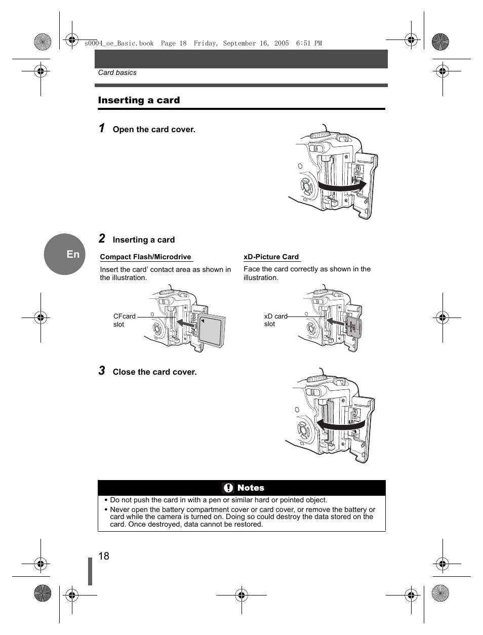 Inserting a card | Olympus EVOLT E-500 User Manual | Page 18 / 116