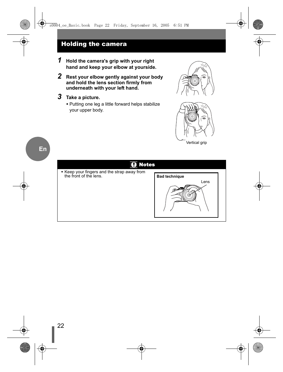 Holding the camera | Olympus EVOLT E-500 User Manual | Page 22 / 116