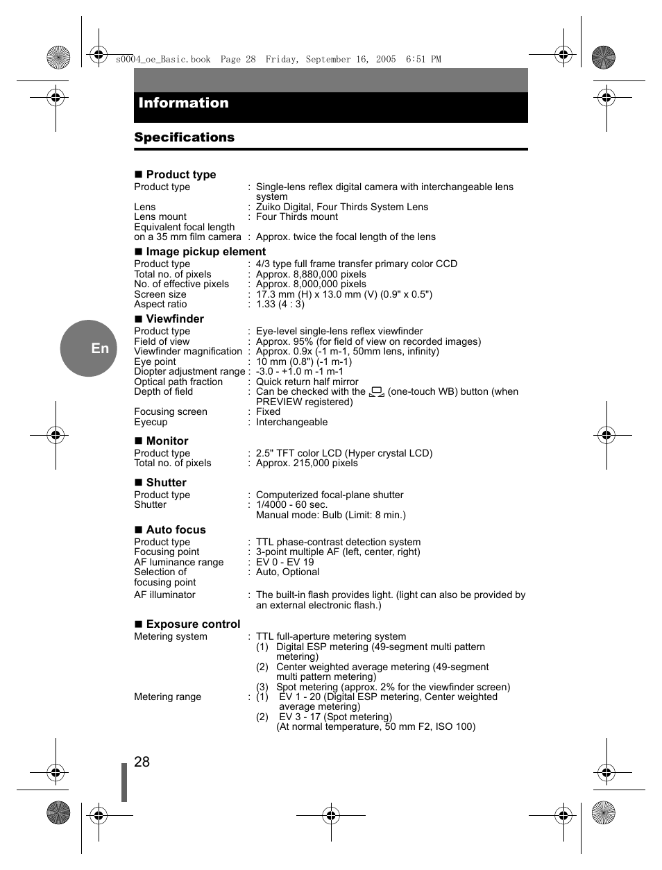 Information, Specifications, 28 en information | Olympus EVOLT E-500 User Manual | Page 28 / 116