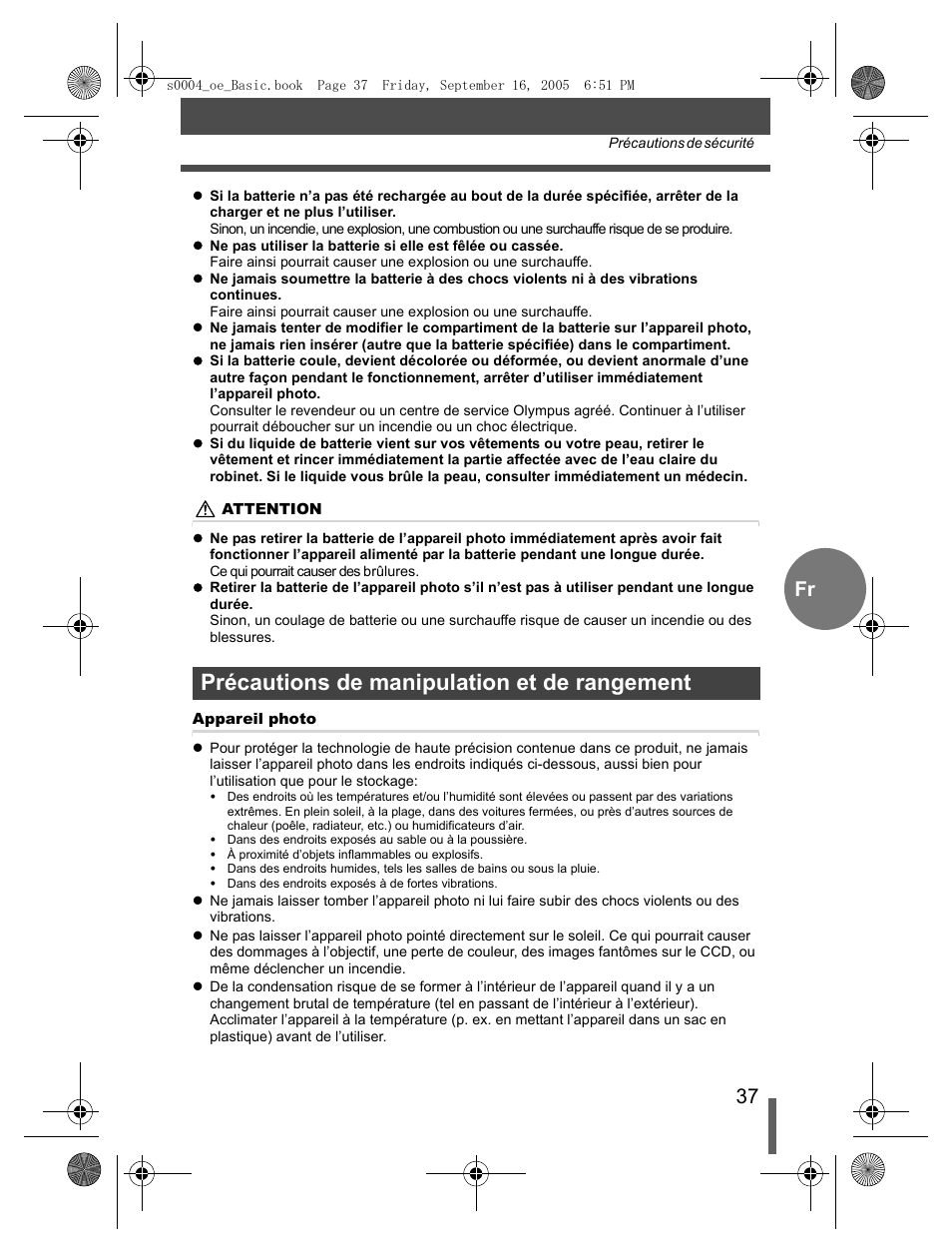 Précautions de manipulation et de rangement | Olympus EVOLT E-500 User Manual | Page 37 / 116