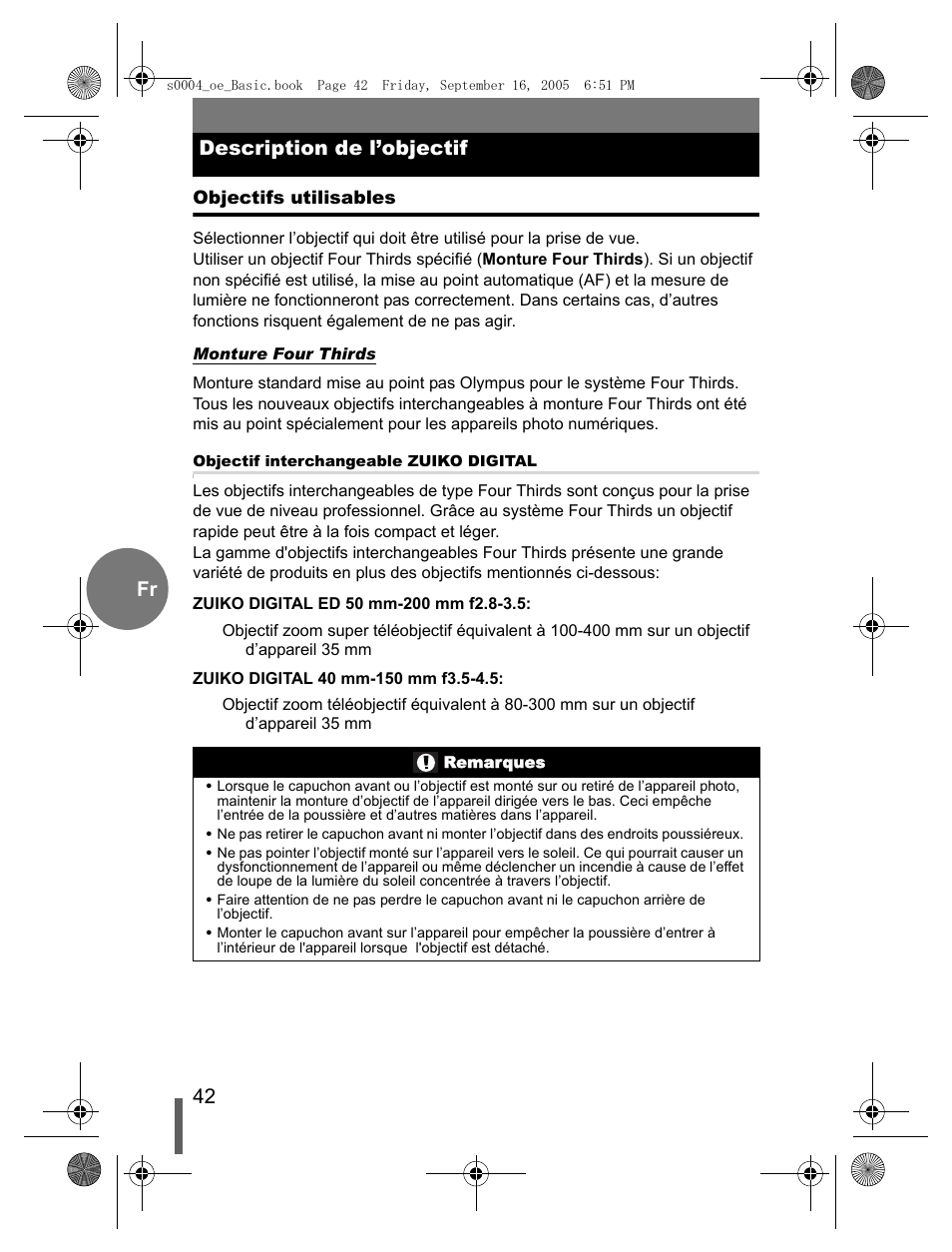 42 fr description de l’objectif | Olympus EVOLT E-500 User Manual | Page 42 / 116