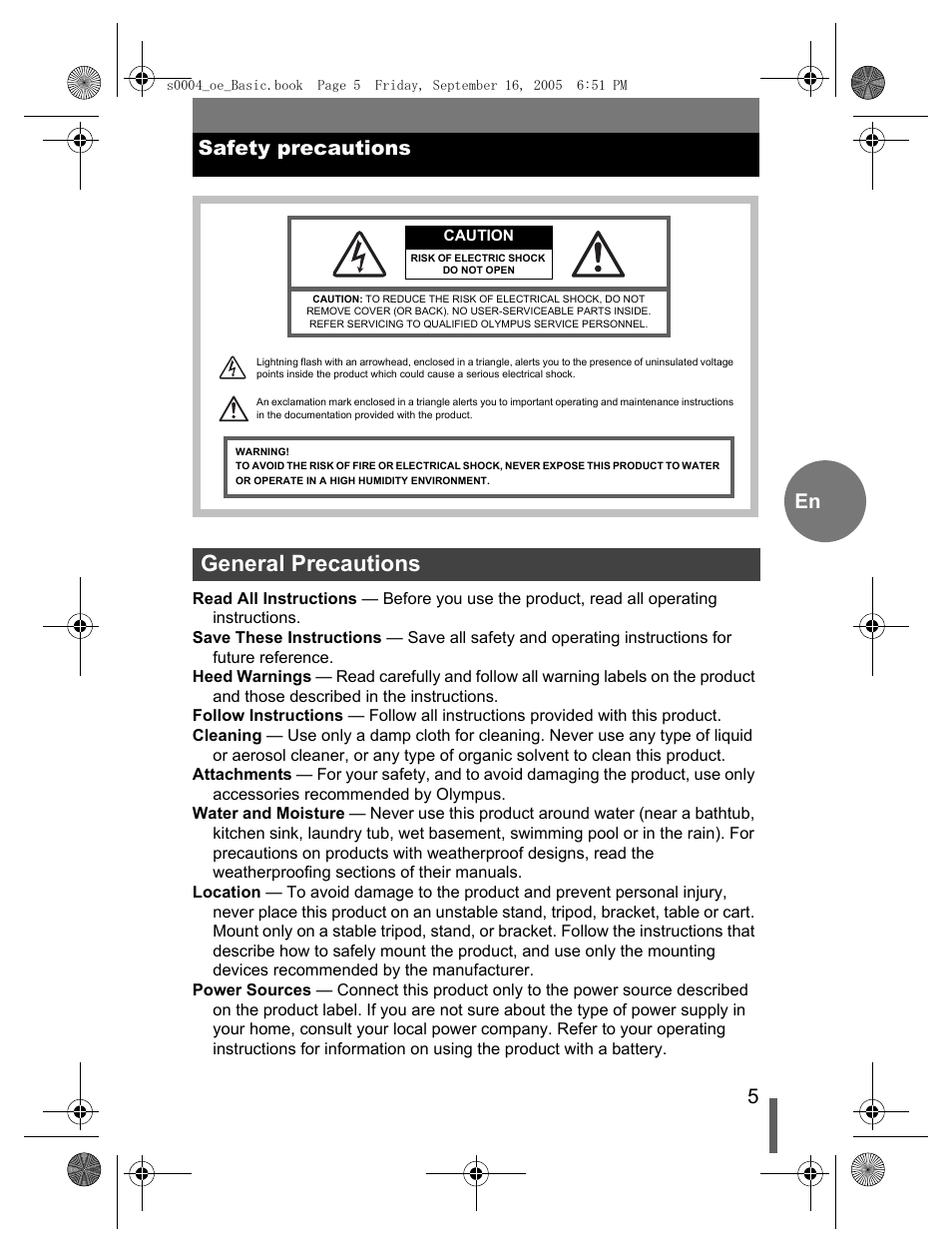 Safety precautions, General precautions, 5en safety precautions | Olympus EVOLT E-500 User Manual | Page 5 / 116