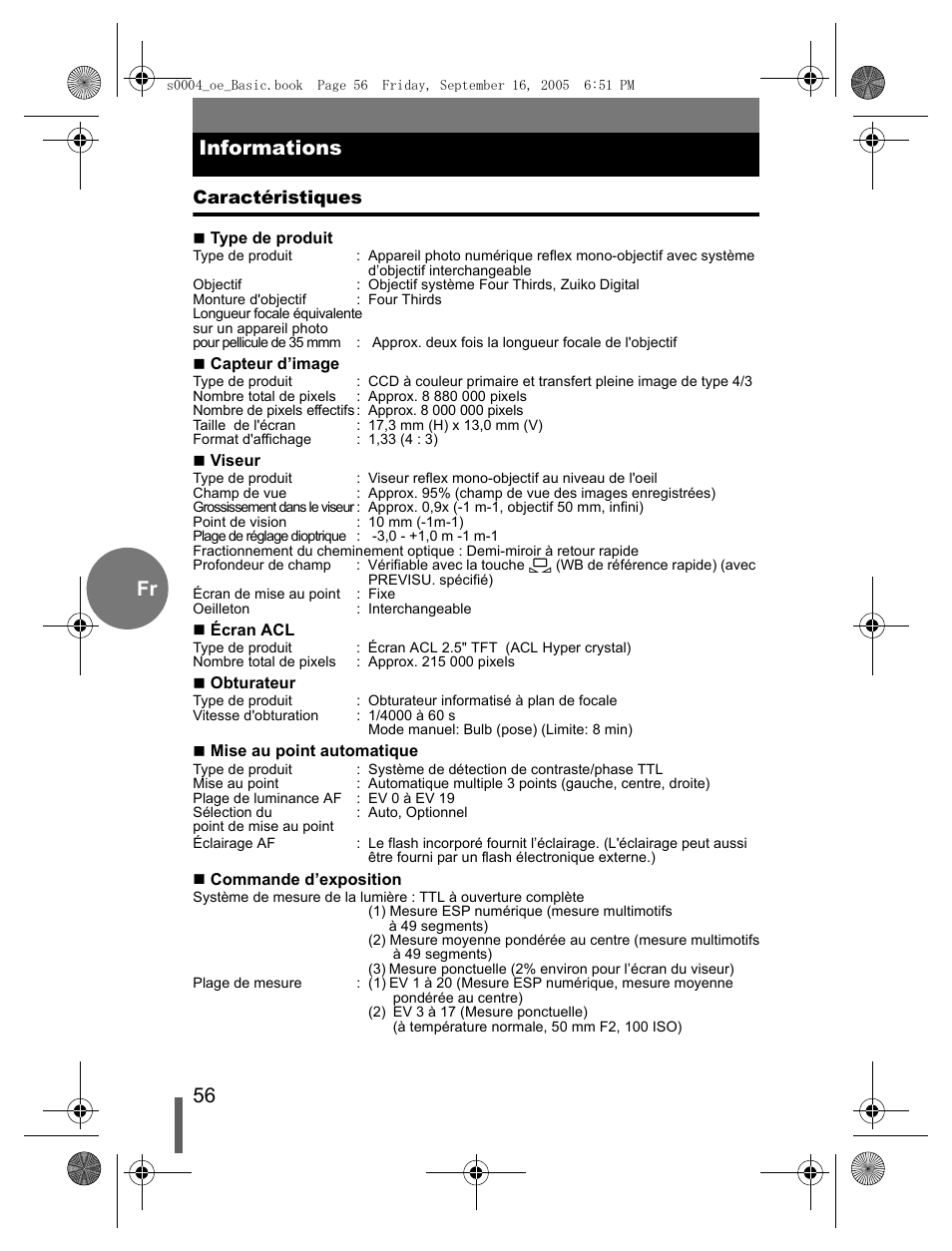 56 fr informations | Olympus EVOLT E-500 User Manual | Page 56 / 116