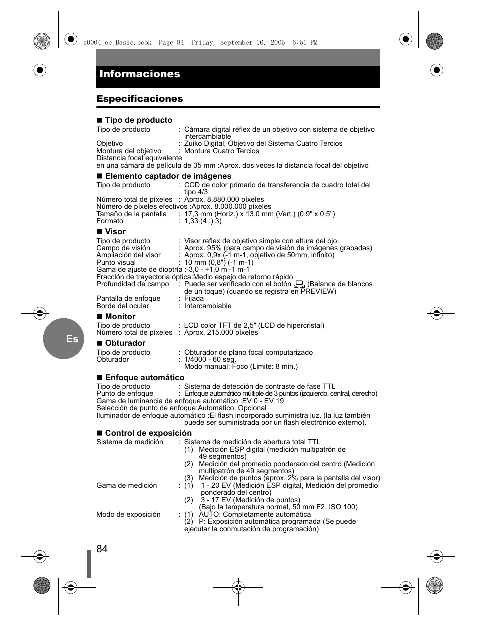 84 es informaciones | Olympus EVOLT E-500 User Manual | Page 84 / 116
