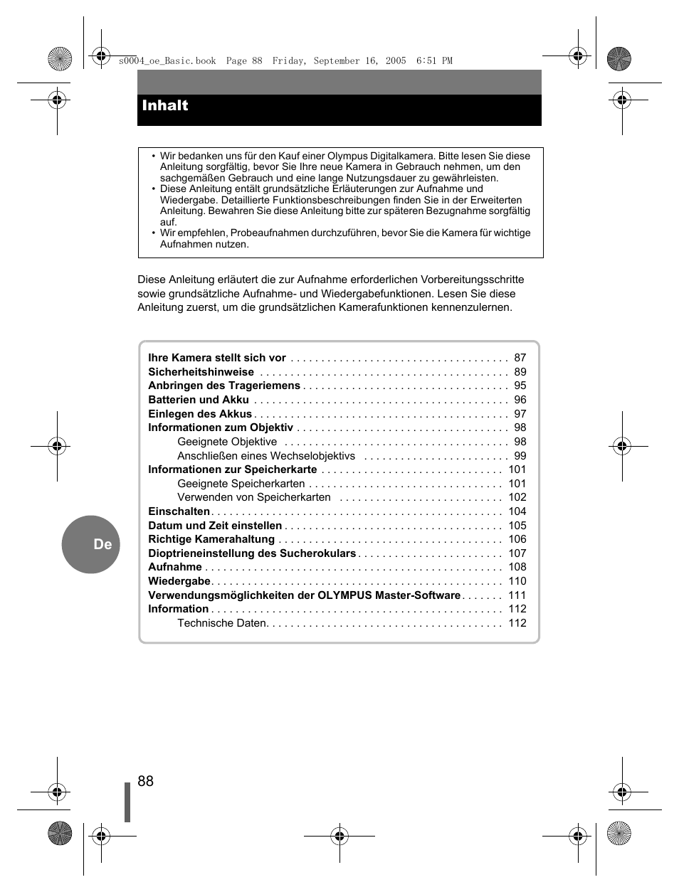 88 de inhalt | Olympus EVOLT E-500 User Manual | Page 88 / 116