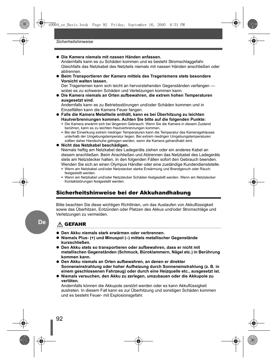 Sicherheitshinweise bei der akkuhandhabung | Olympus EVOLT E-500 User Manual | Page 92 / 116