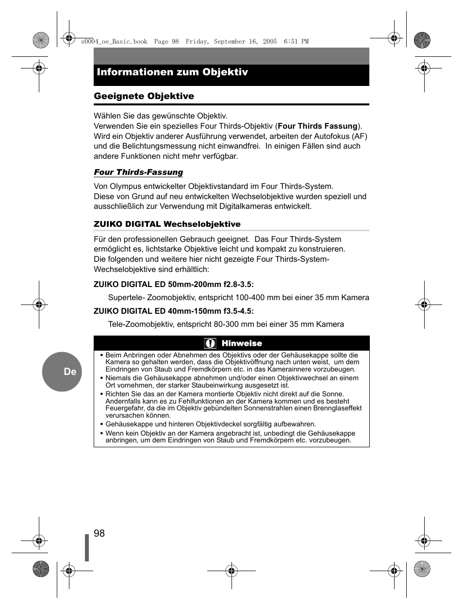 98 de informationen zum objektiv | Olympus EVOLT E-500 User Manual | Page 98 / 116