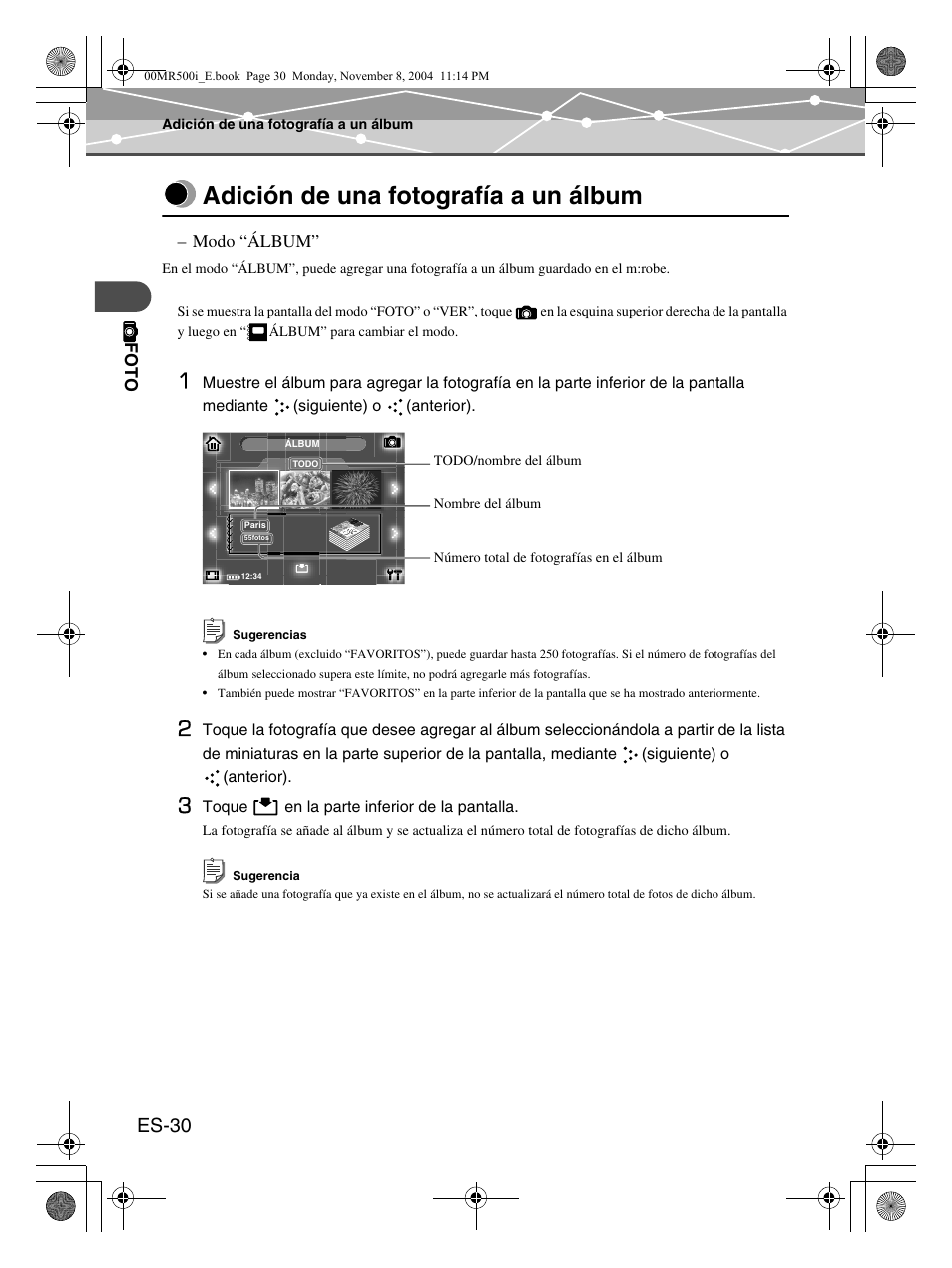 Adición de una fotografía a un álbum, Es-30 | Olympus mrobe 500 User Manual | Page 114 / 132