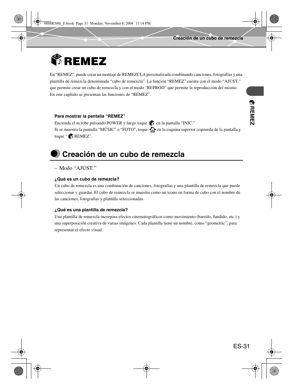 Remez, Creación de un cubo de remezcla | Olympus mrobe 500 User Manual | Page 115 / 132