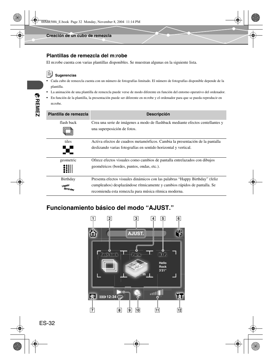 Funcionamiento básico del modo “ajust, Es-32 | Olympus mrobe 500 User Manual | Page 116 / 132