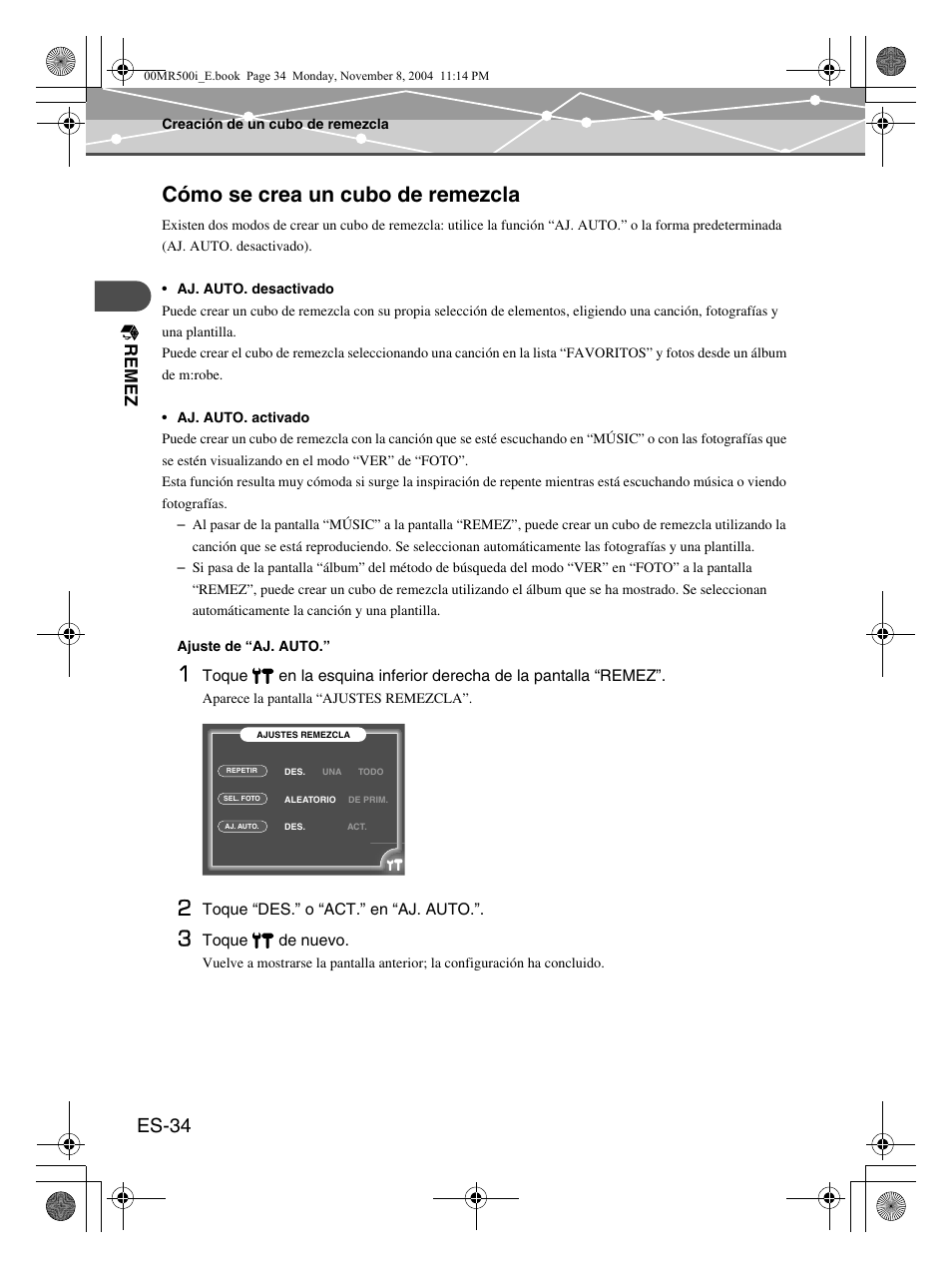 Cómo se crea un cubo de remezcla, Es-34, Re me z | Olympus mrobe 500 User Manual | Page 118 / 132