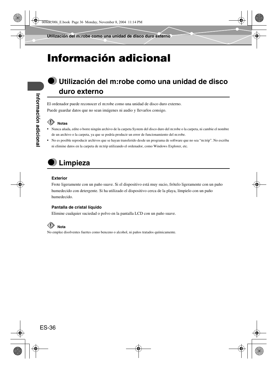 Información adicional, Limpieza | Olympus mrobe 500 User Manual | Page 120 / 132