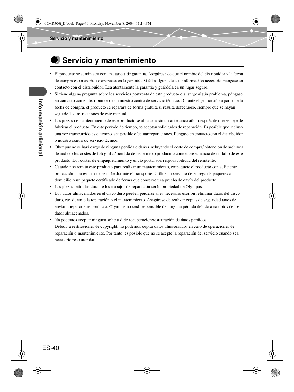 Servicio y mantenimiento, Es-40 | Olympus mrobe 500 User Manual | Page 124 / 132