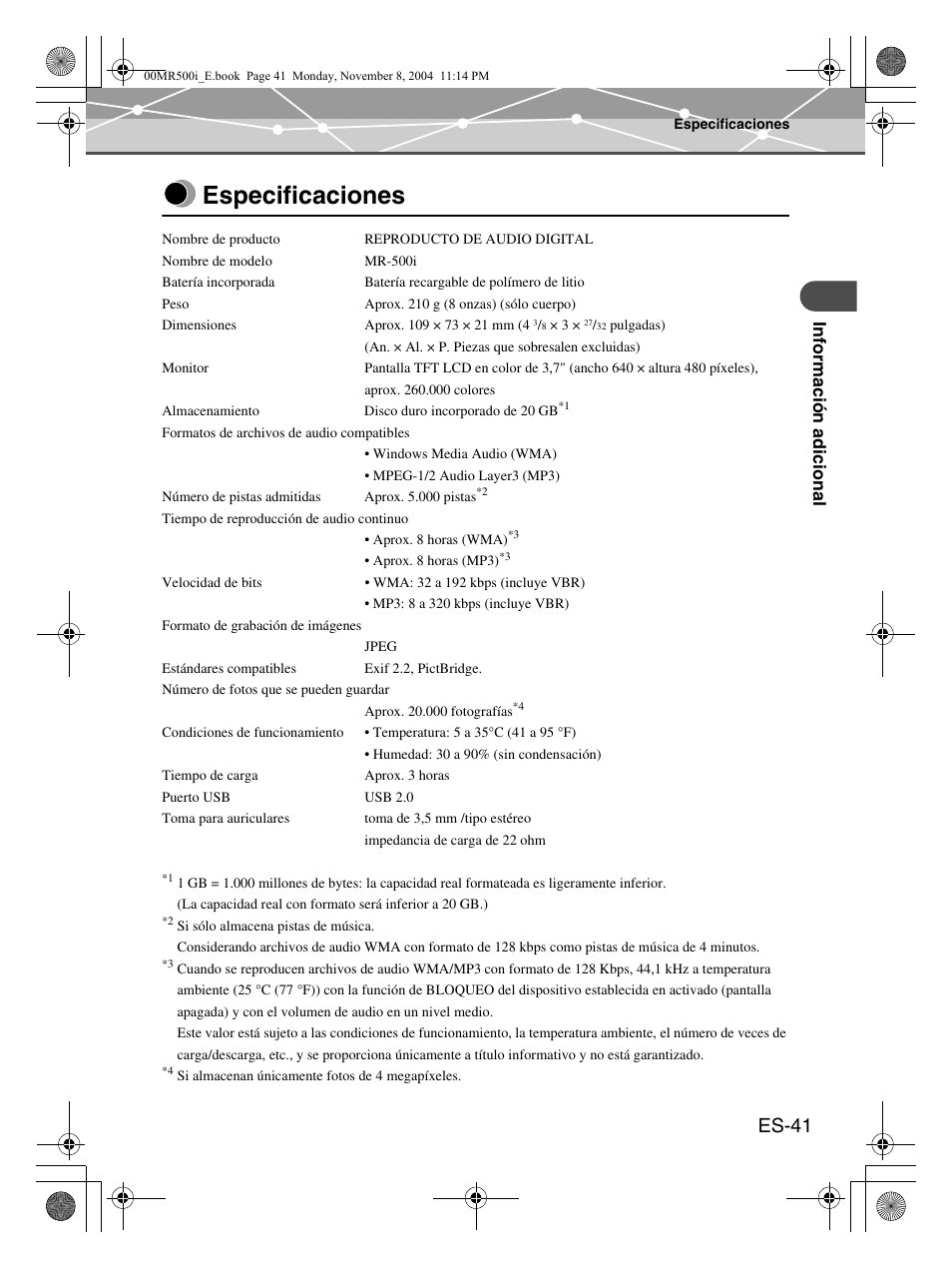 Especificaciones, Es-41 | Olympus mrobe 500 User Manual | Page 125 / 132