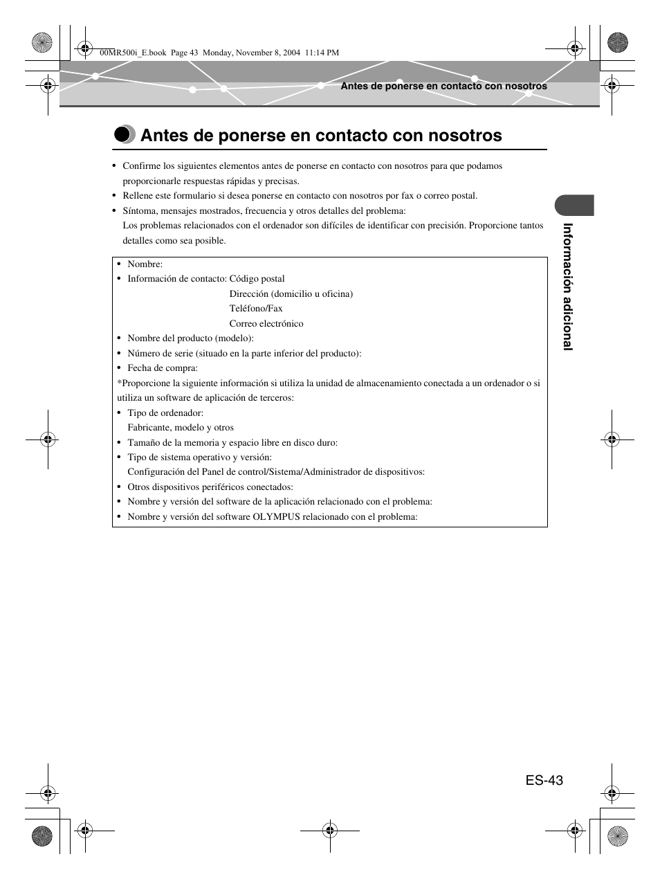 Antes de ponerse en contacto con nosotros, Es-43 | Olympus mrobe 500 User Manual | Page 127 / 132