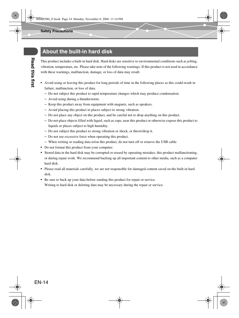 About the built-in hard disk, En-14 | Olympus mrobe 500 User Manual | Page 14 / 132